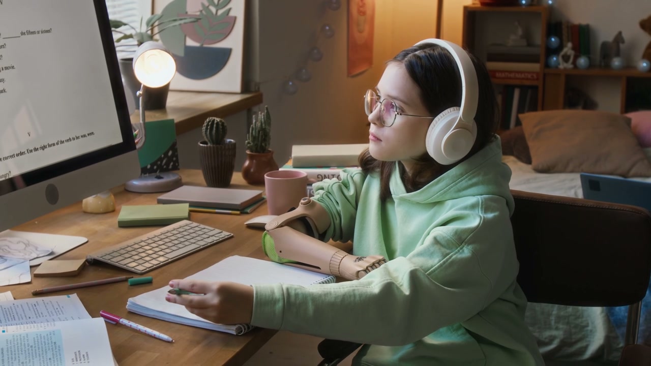 Young Student With Prosthetic Arm Studying At Desk