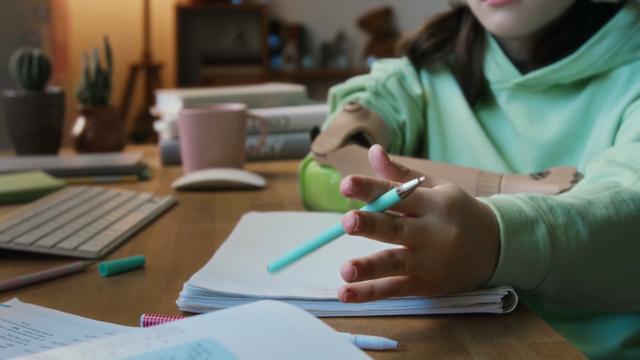 Student Writing with Prosthetic Arm