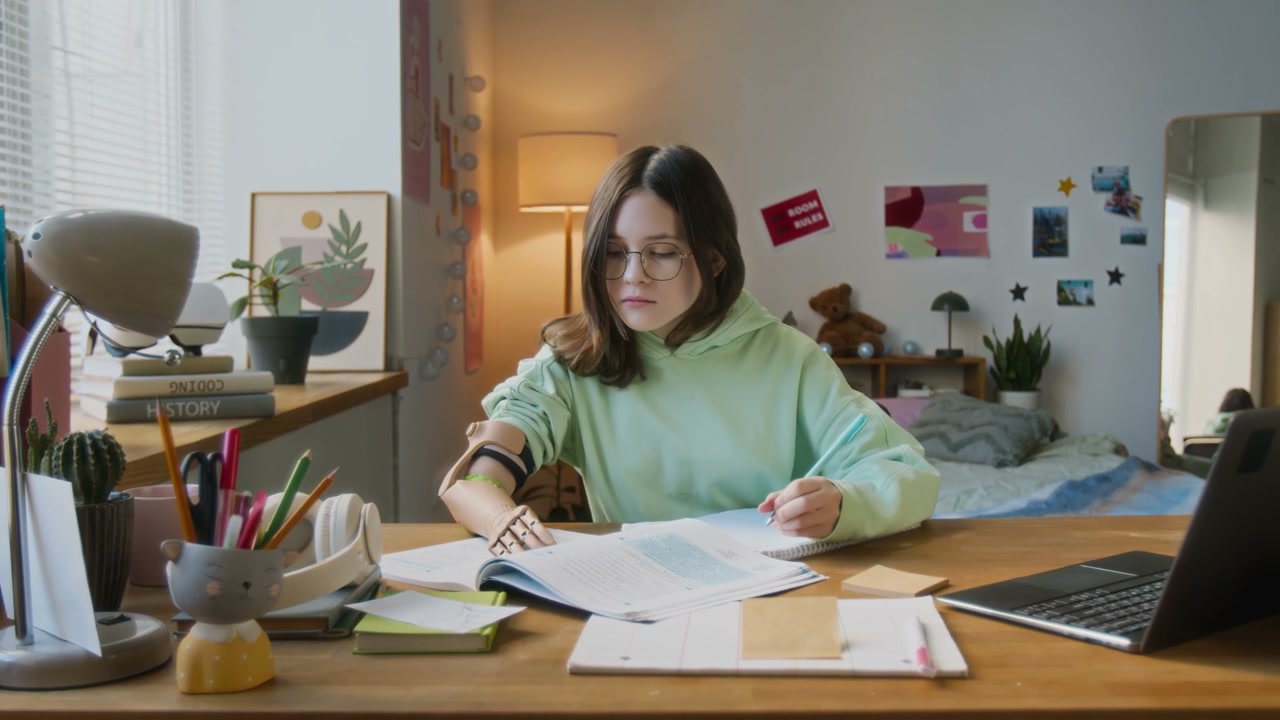 Young Student with Prosthetic Arm Studying at Desk
