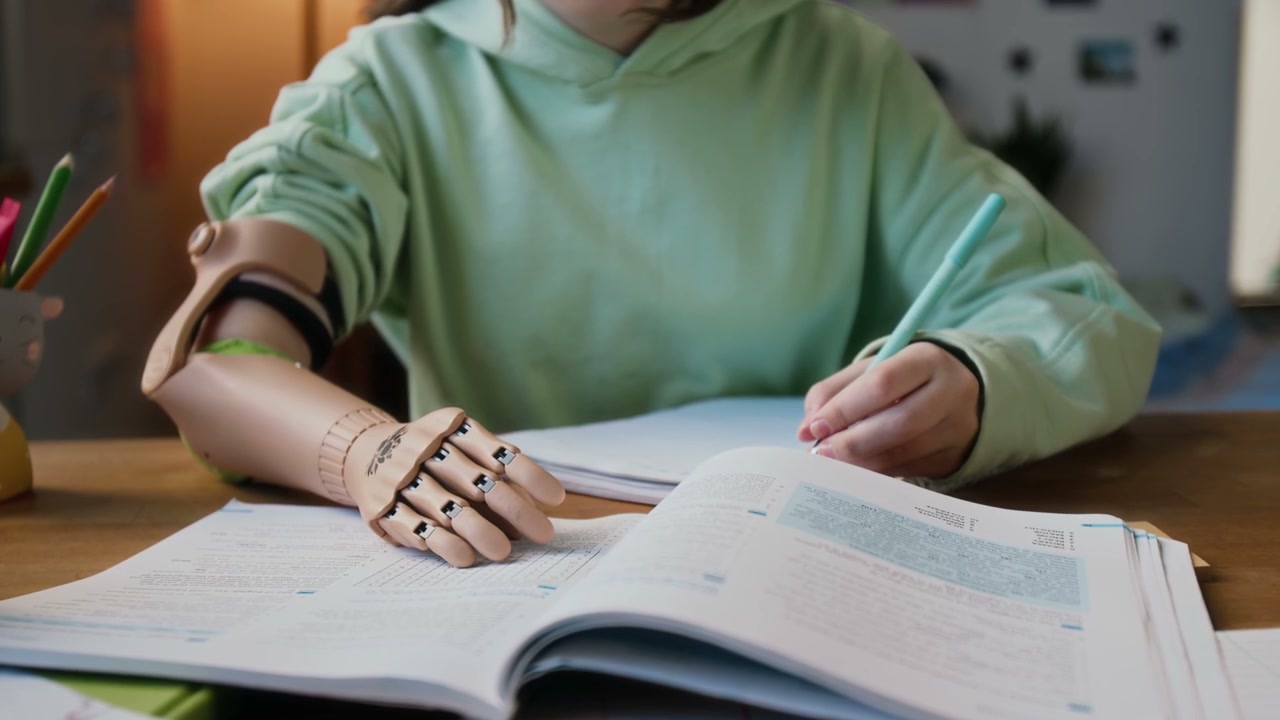Young Girl with Prosthetic Arm Studying