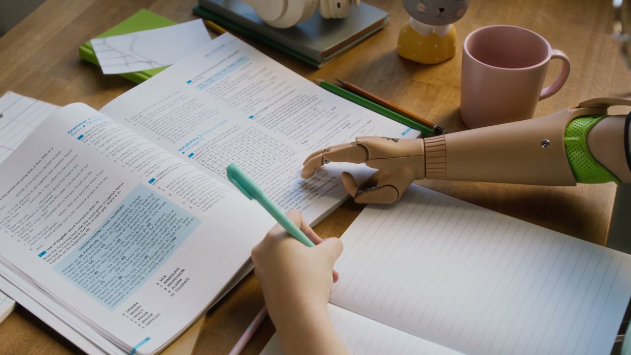 Student with Prosthetic Arm Studying at Desk