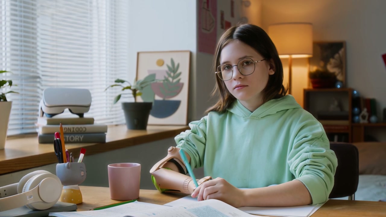 Teenage Girl With Prosthetic Arm Studying