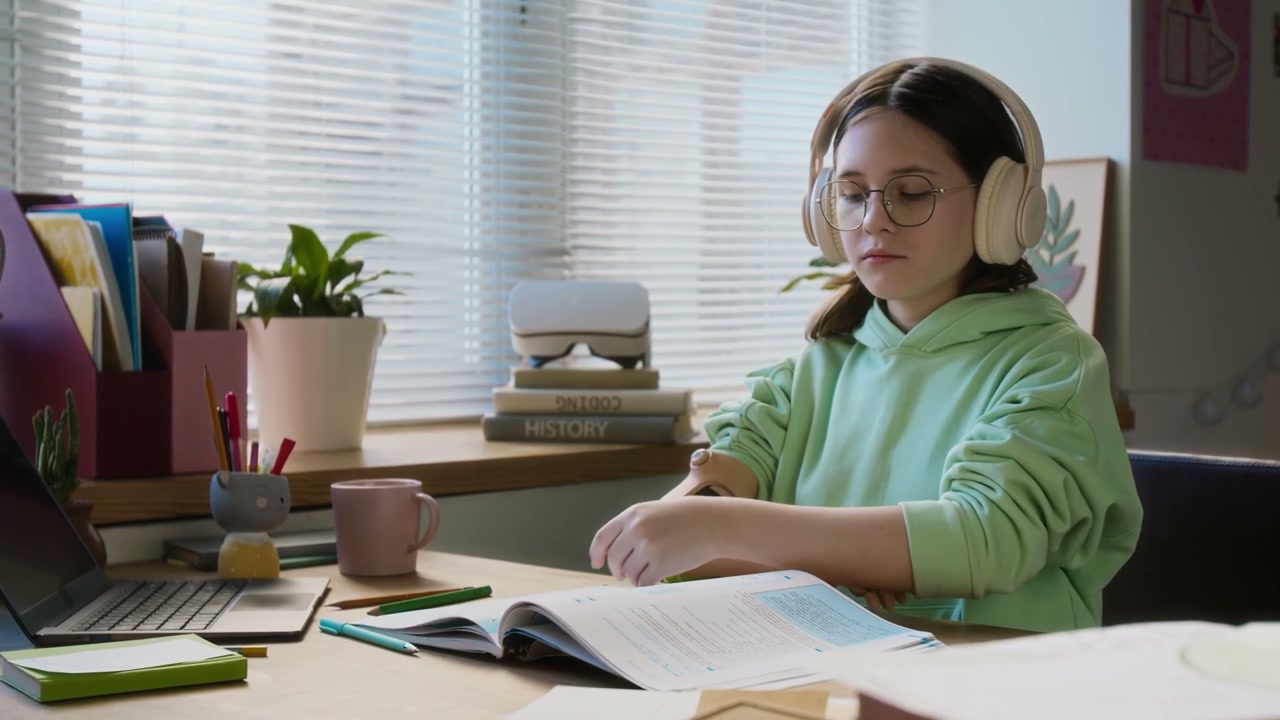 Teenage Girl with Prosthetic Arm Studying Book