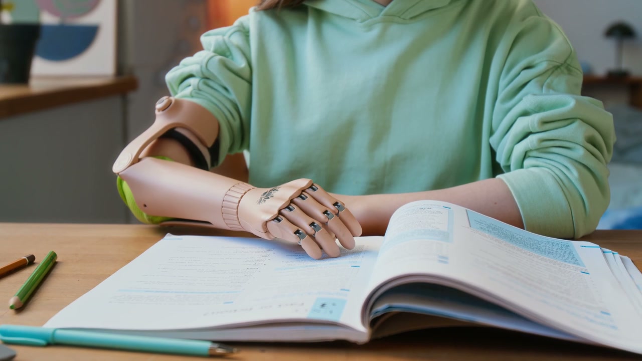 Student with Prosthetic Arm Reading Book