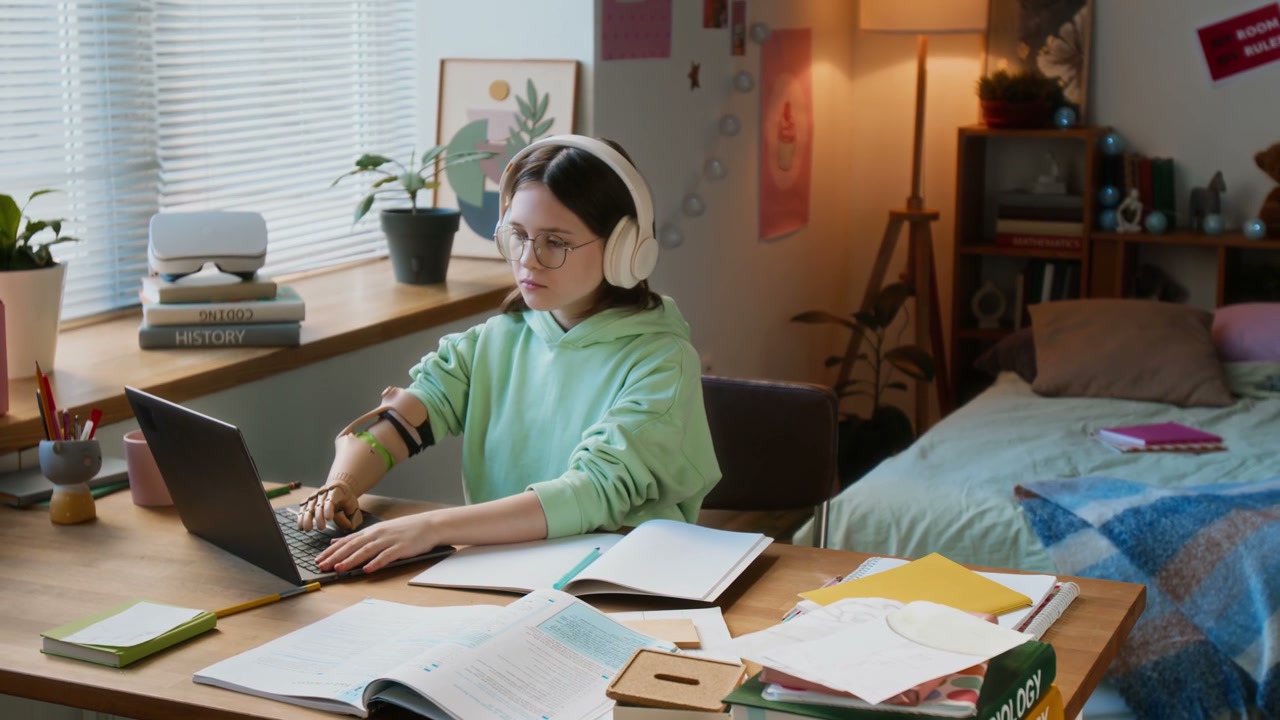 Teenage Girl with Prosthetic Arm Studying