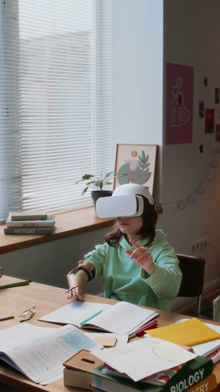 Girl with Prosthetic Arm Using VR for Study