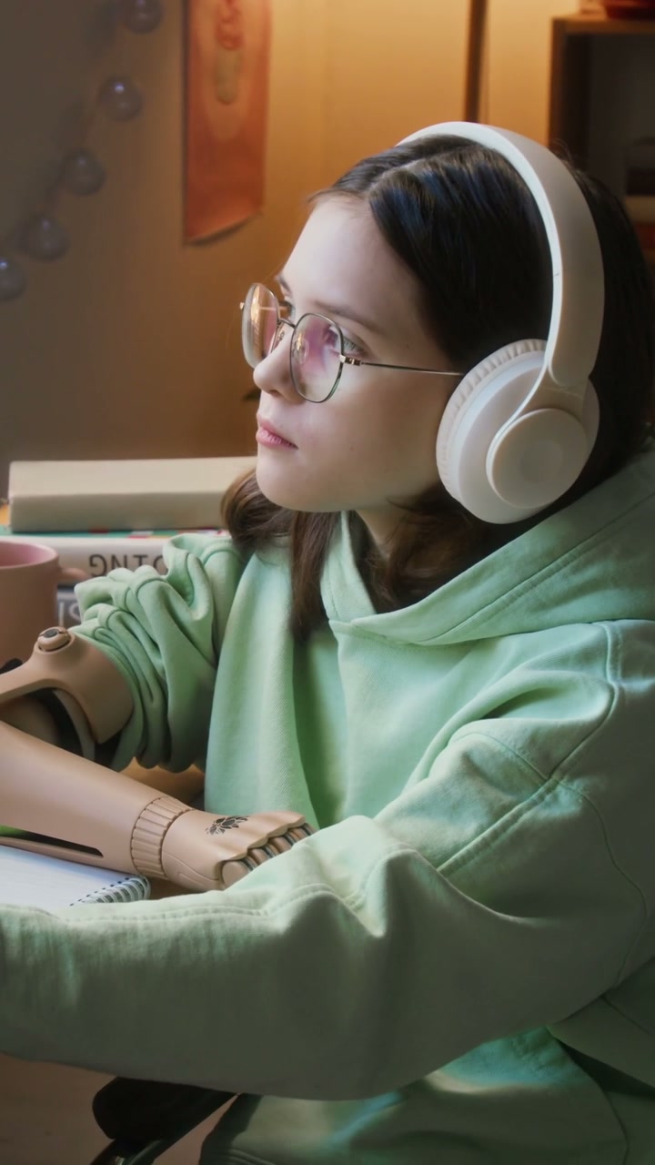 Teenage Girl Studying with Prosthetic Arm