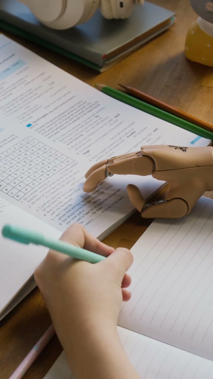 Student with Prosthetic Hand Doing Homework