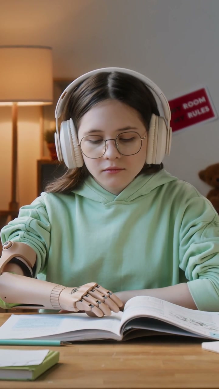 Girl with Prosthetic Arm Reading at Desk