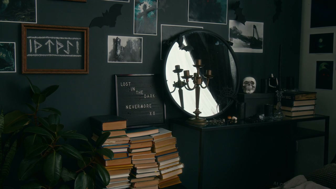 Dark Gothic Room Interior with Books and Decor