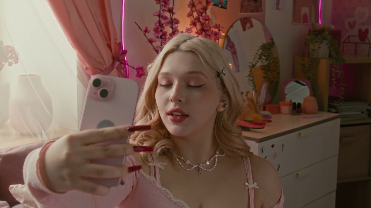 Young Woman Taking Selfie in Pink Bedroom