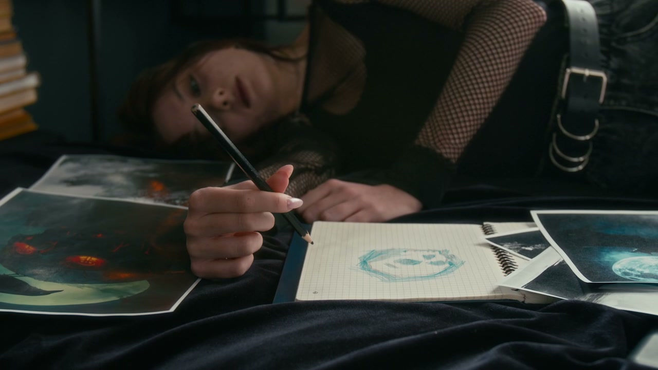 Goth Student Artist Drawing in Bedroom