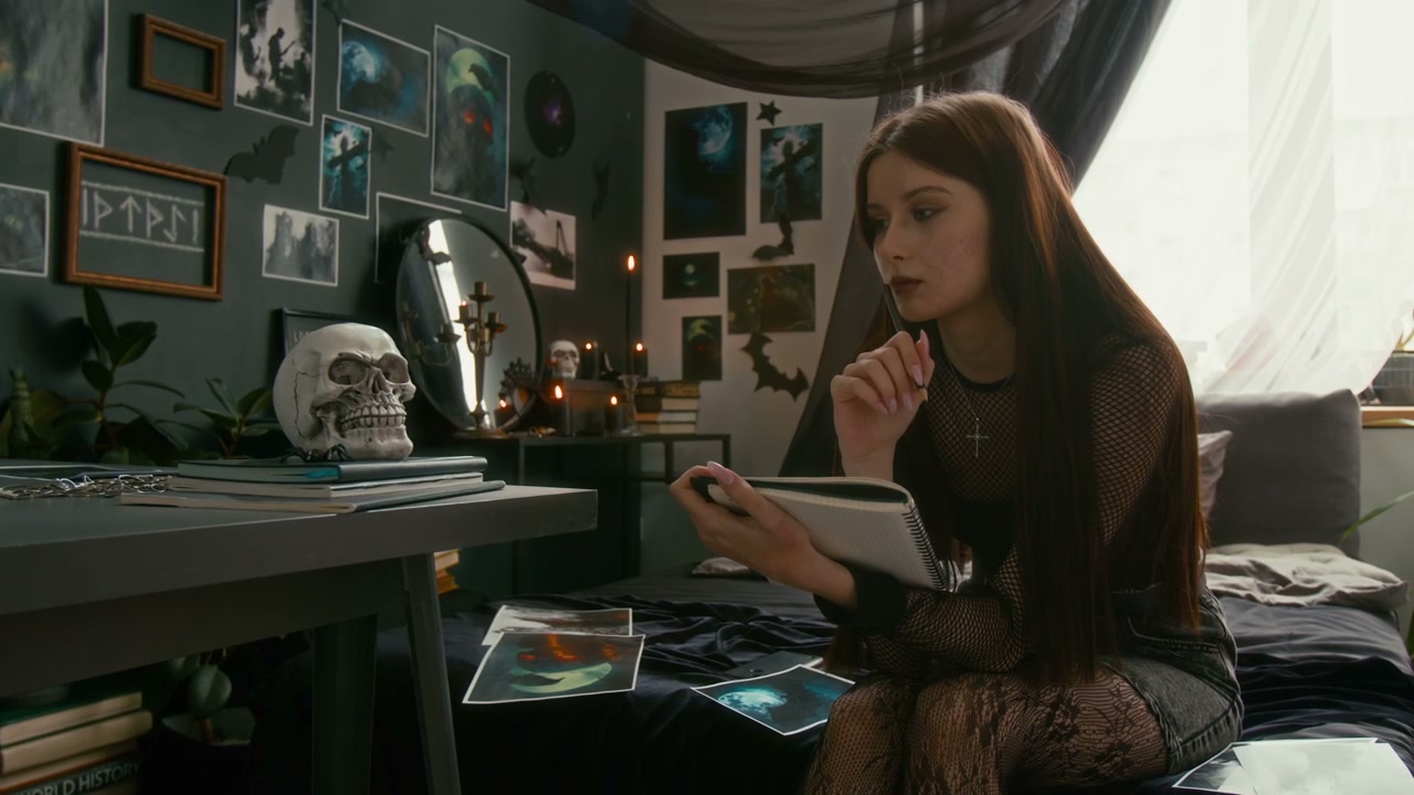 Young Woman Sketching in Goth Style Bedroom