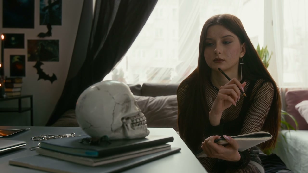 Young Woman Sketching in Gothic Room
