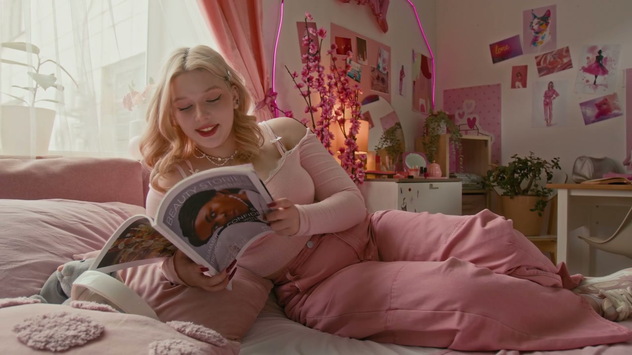 Blonde Woman Reading Magazine in Barbiecore Room
