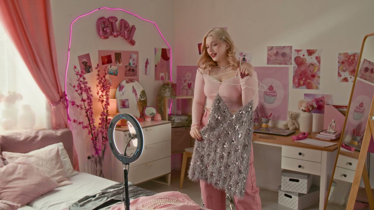 Young Woman Filming Fashion Haul in Pink Room