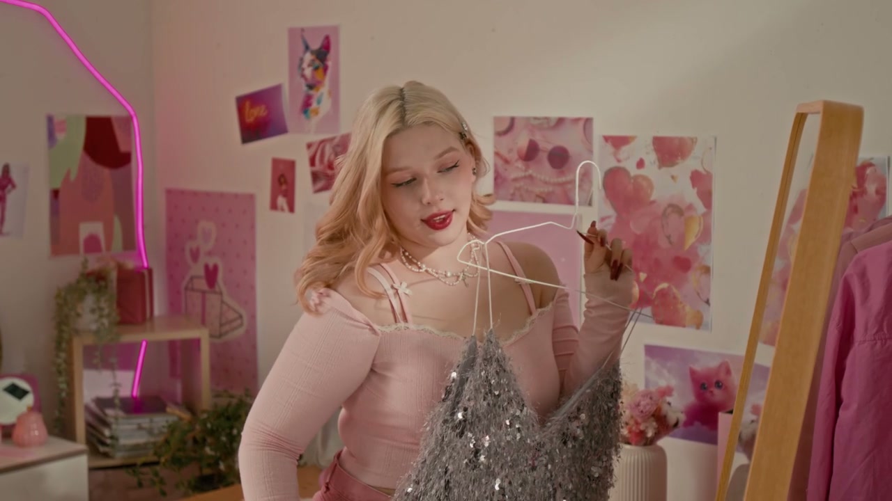 Young Woman Holding Dress in Aesthetic Bedroom