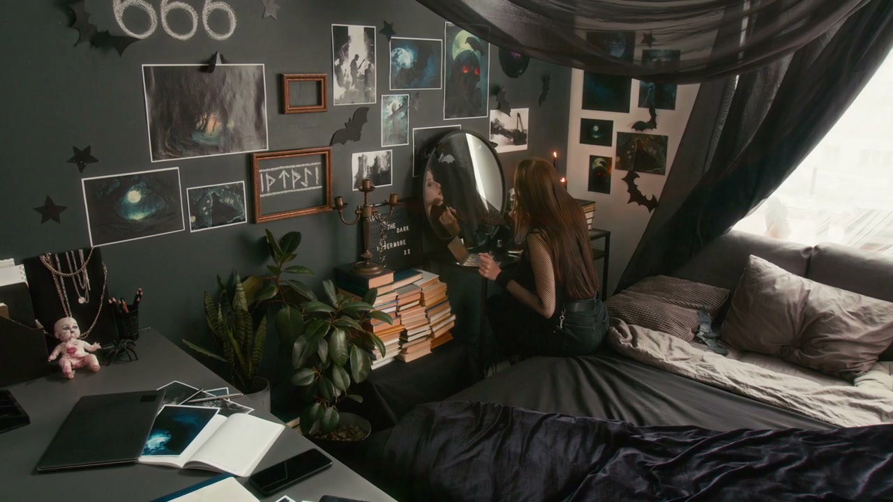 Young Woman Applying Makeup in Gothic Room