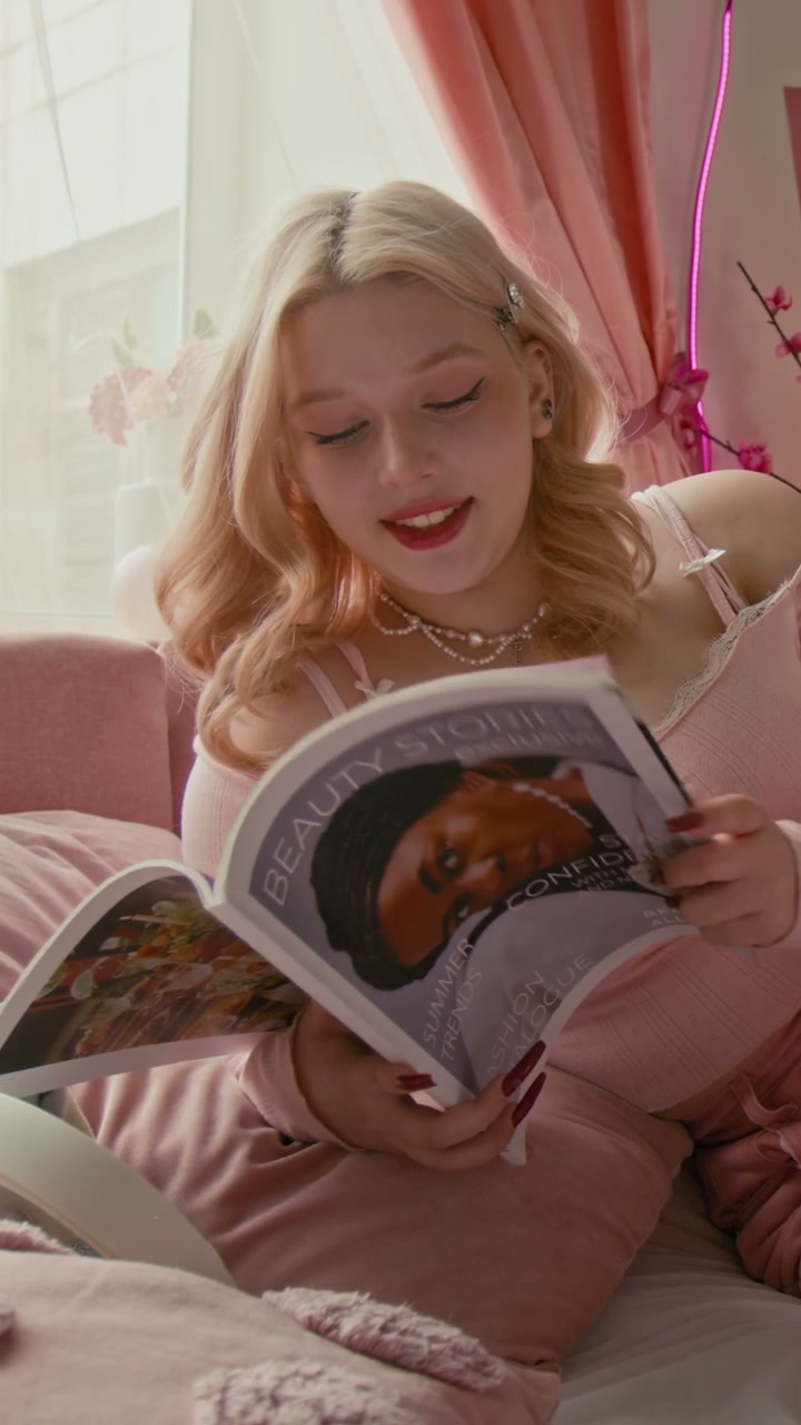 Blonde Woman Reading Magazine In Pink Room