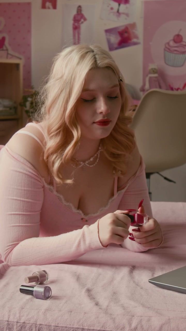 Young Woman Painting Nails in Pink Bedroom