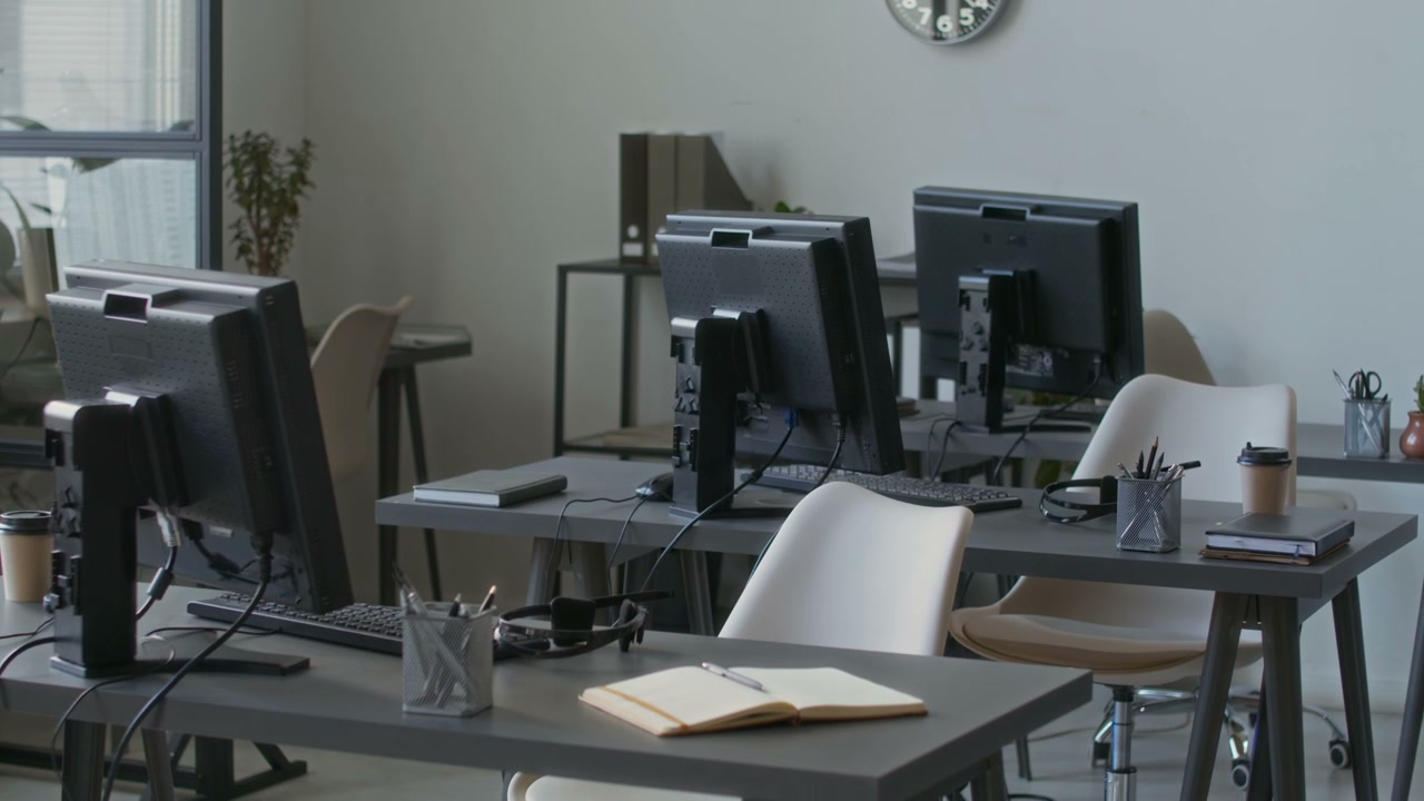 Empty Modern Call Center Office Panning Shot