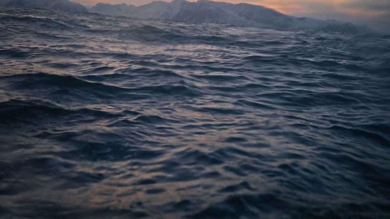 Rough Ocean with Snowy Mountains at Dusk