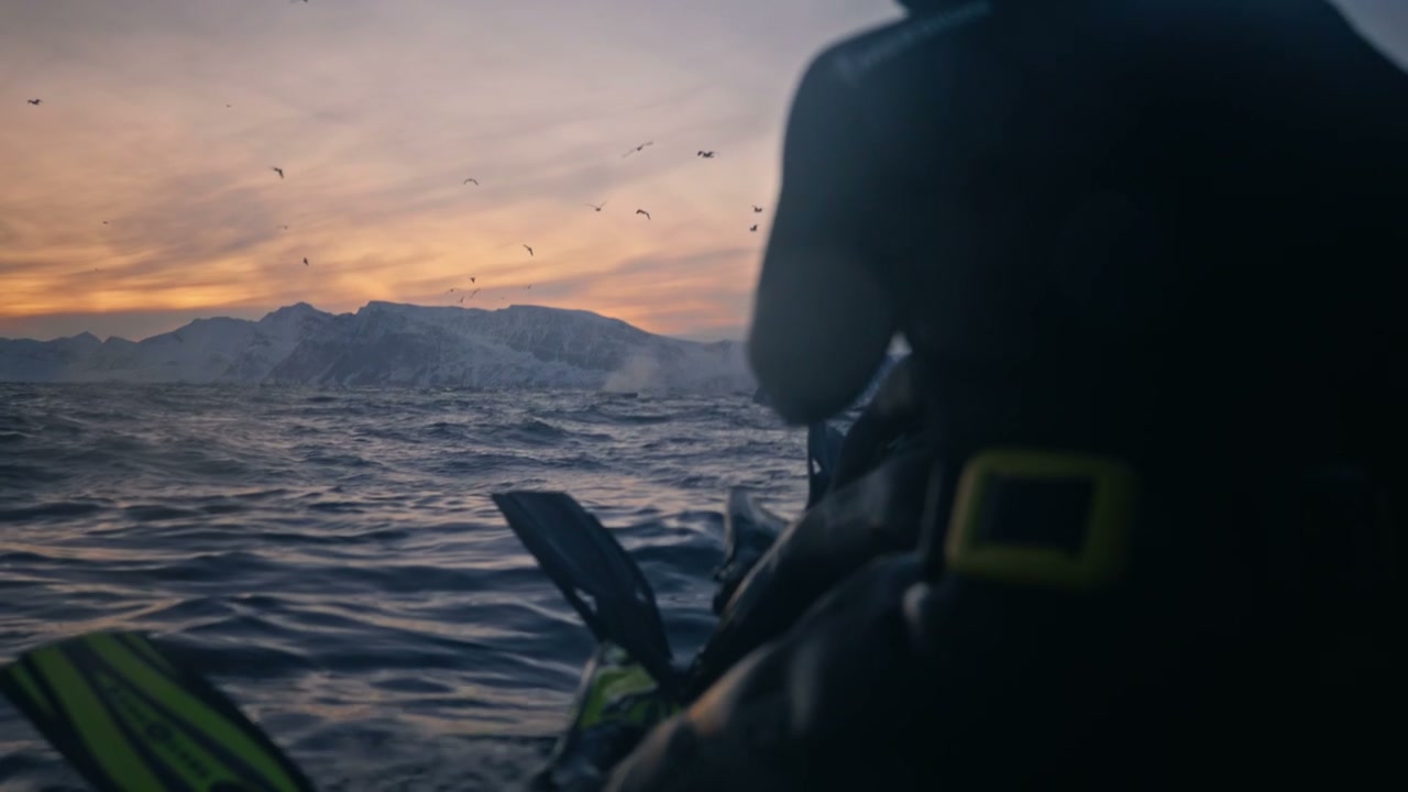 Diver on Boat in Arctic Norway at Sunset