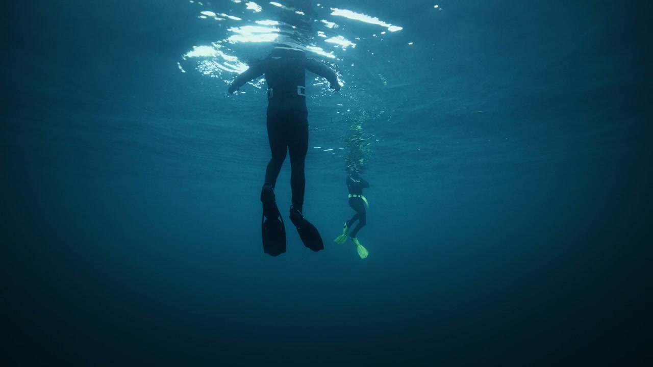 Two Freedivers Underwater Looking Up