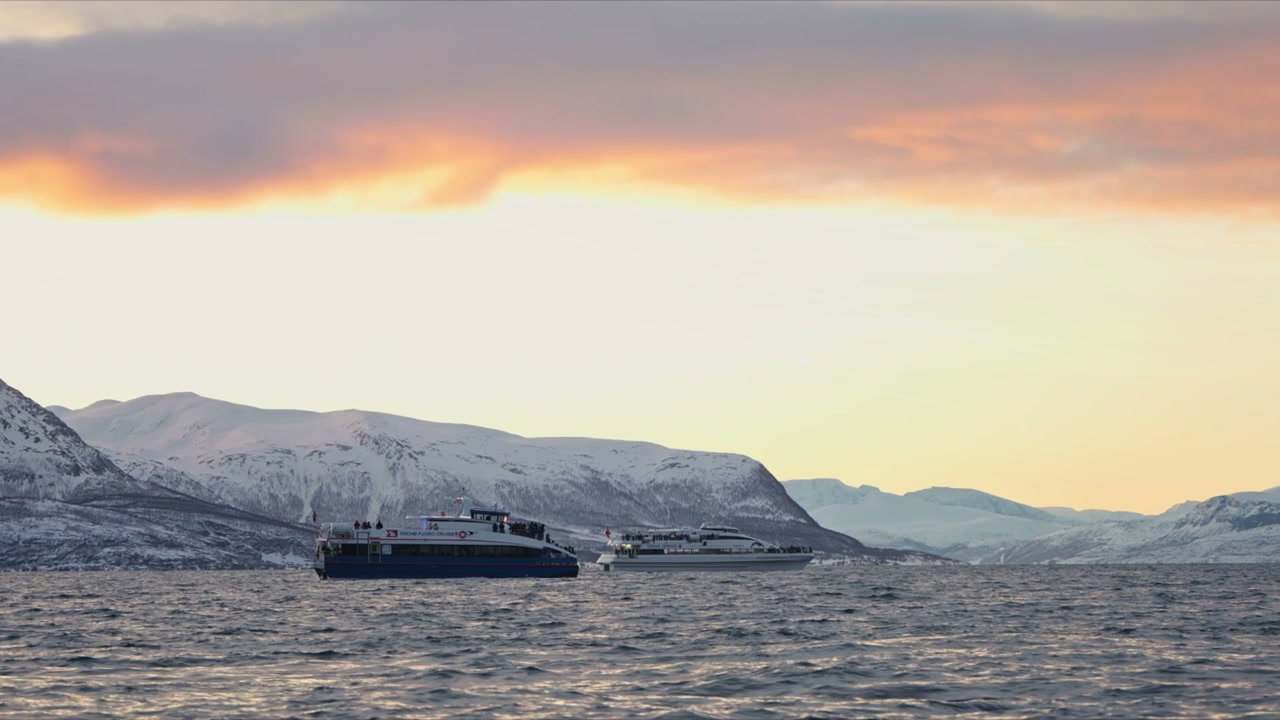Ferries on Arctic Fjord with Snow Mountains Sunset