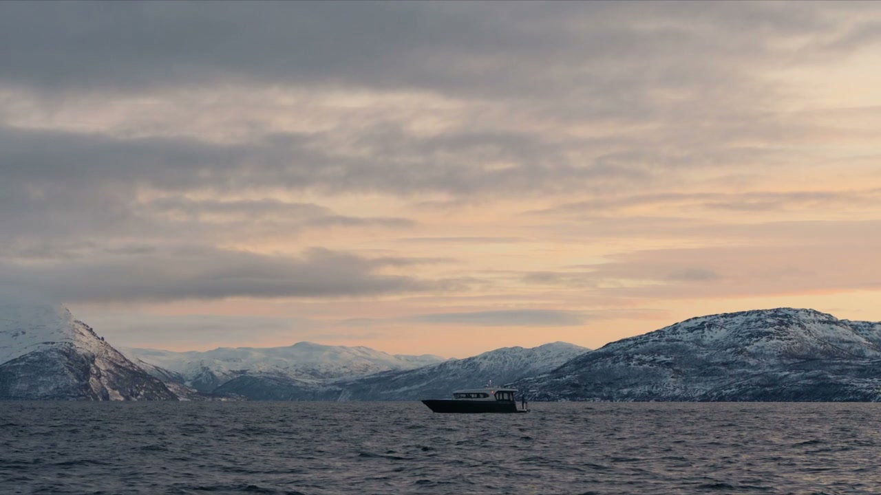 Norwegian Fjord and Boat at Sunset
