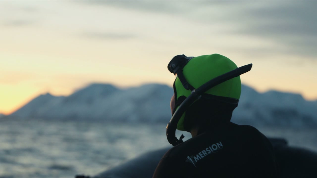 Snorkeler on Boat in Arctic Sunset