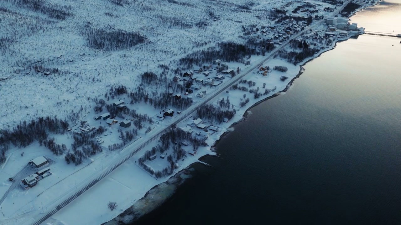 Aerial View of Snowy Norwegian Coastline