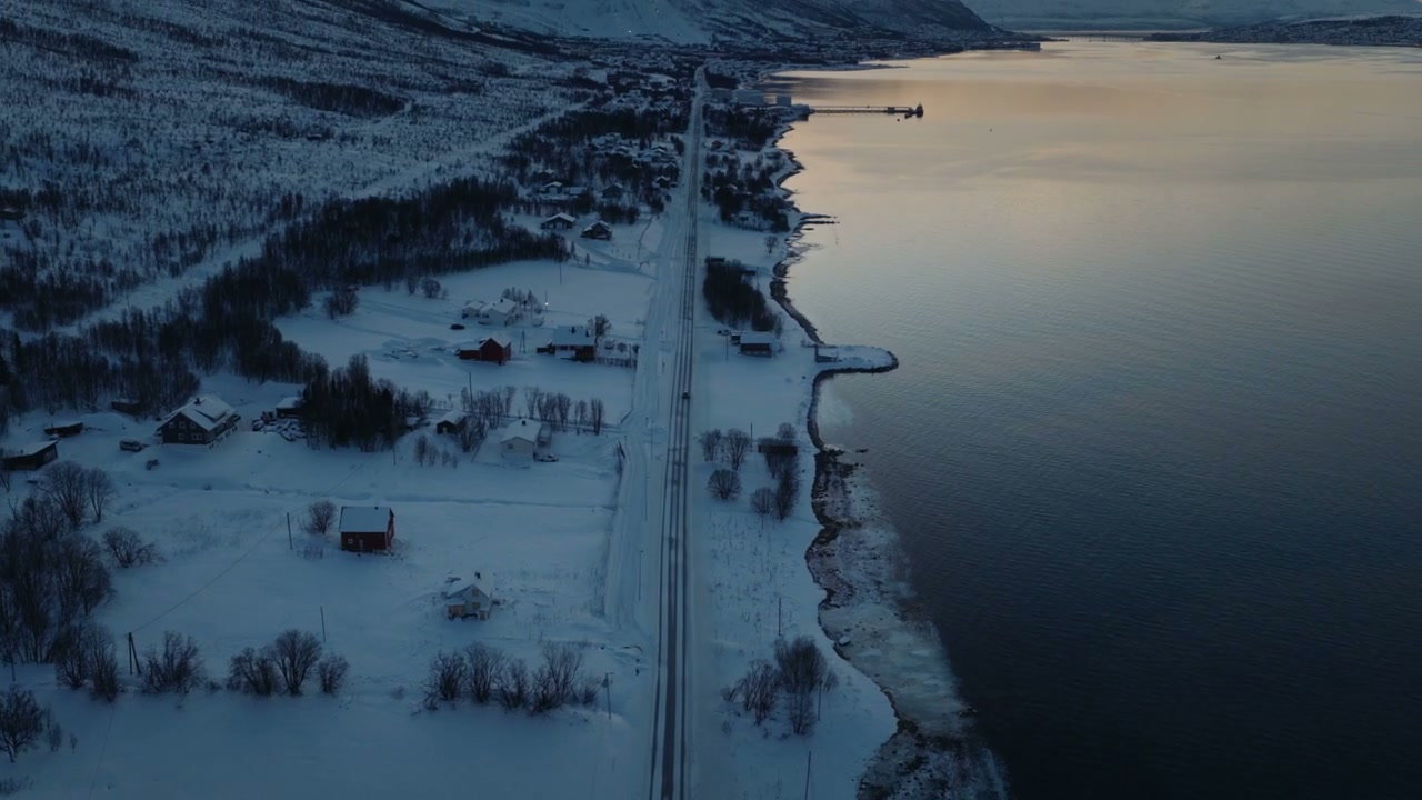 Winter Fjord Road in Arctic Norway at Sunset