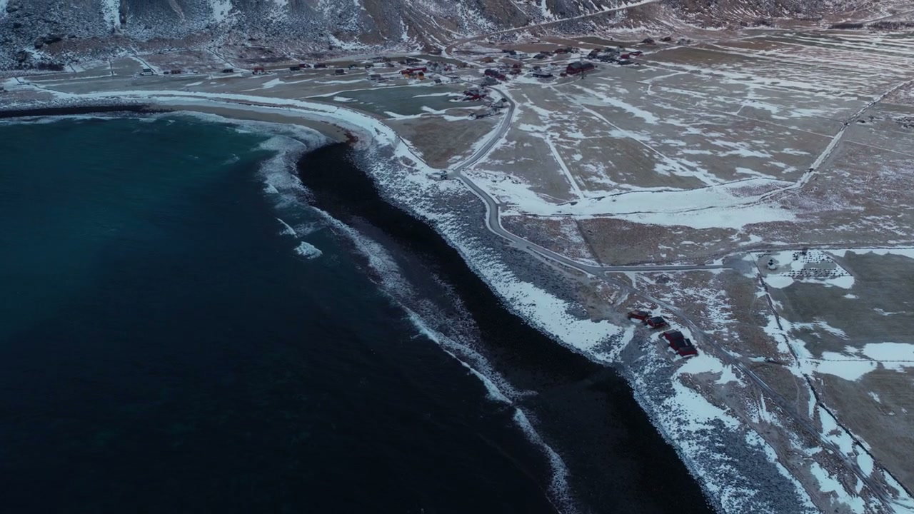 Snowy Coastline Village and Arctic Ocean