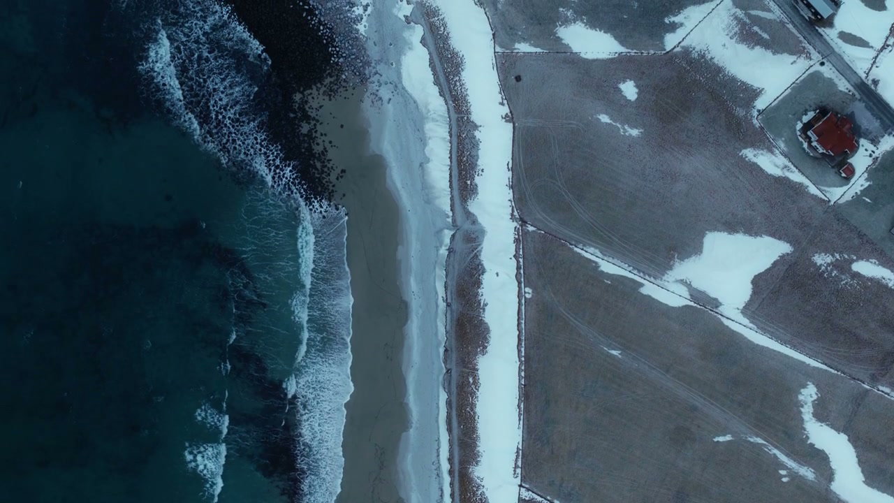 Aerial View of Arctic Winter Coastline in Norway