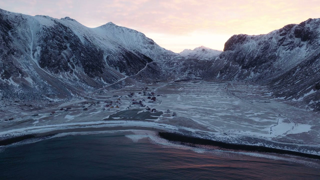 Snowy Coastal Village Valley at Dawn, Norway