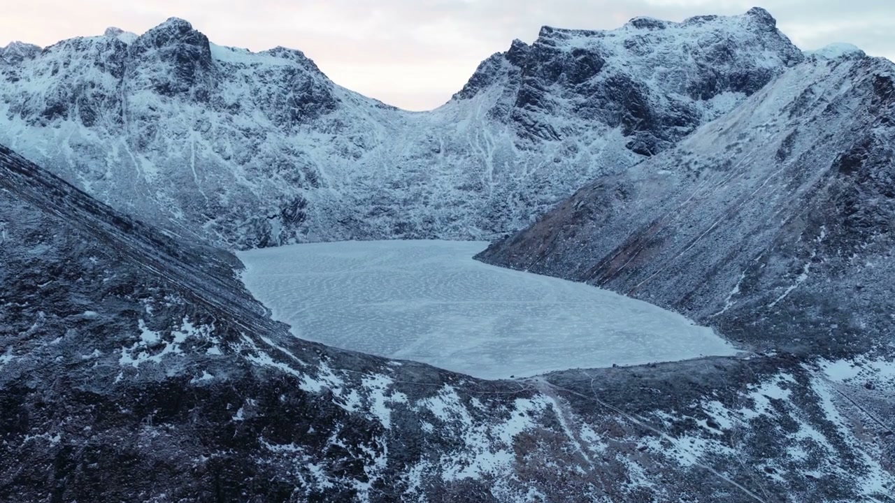 Frozen Lake in Snowy Arctic Mountains