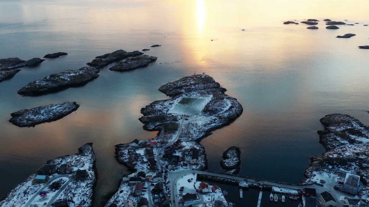 Arctic Village, Football Pitch, and Islands at Sunset