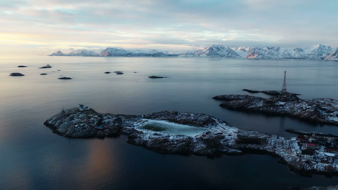 Lofoten Island Village and Snowy Mountains at Dawn