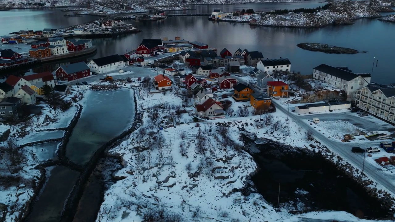 Norwegian Fishing Village in Winter Mountains