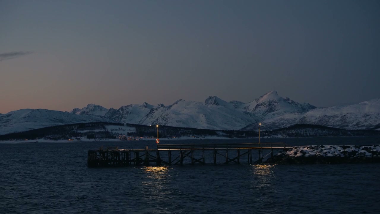 Winter Night View of Arctic Fjord Pier
