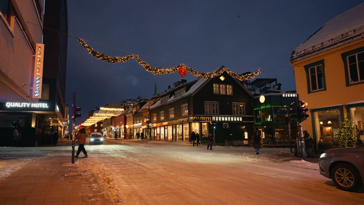 Tromso City Street with Christmas Lights