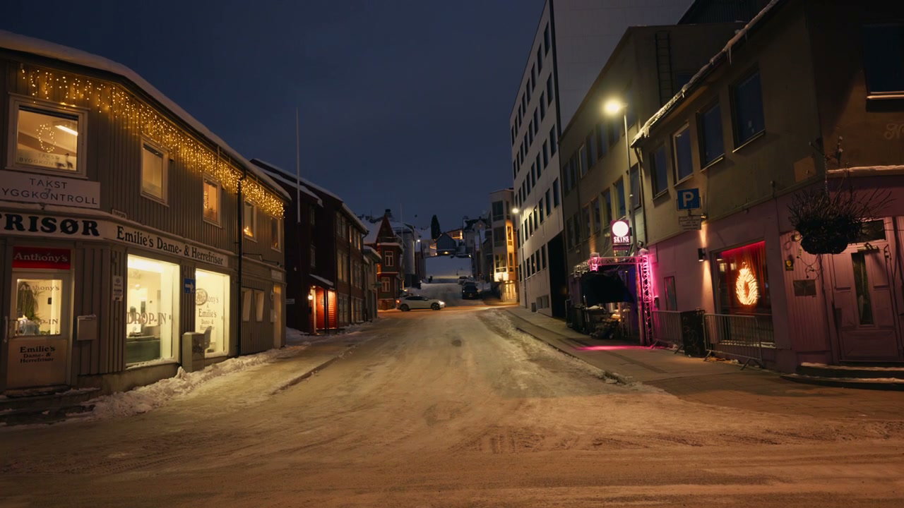Night Street in Snowy Norwegian Town