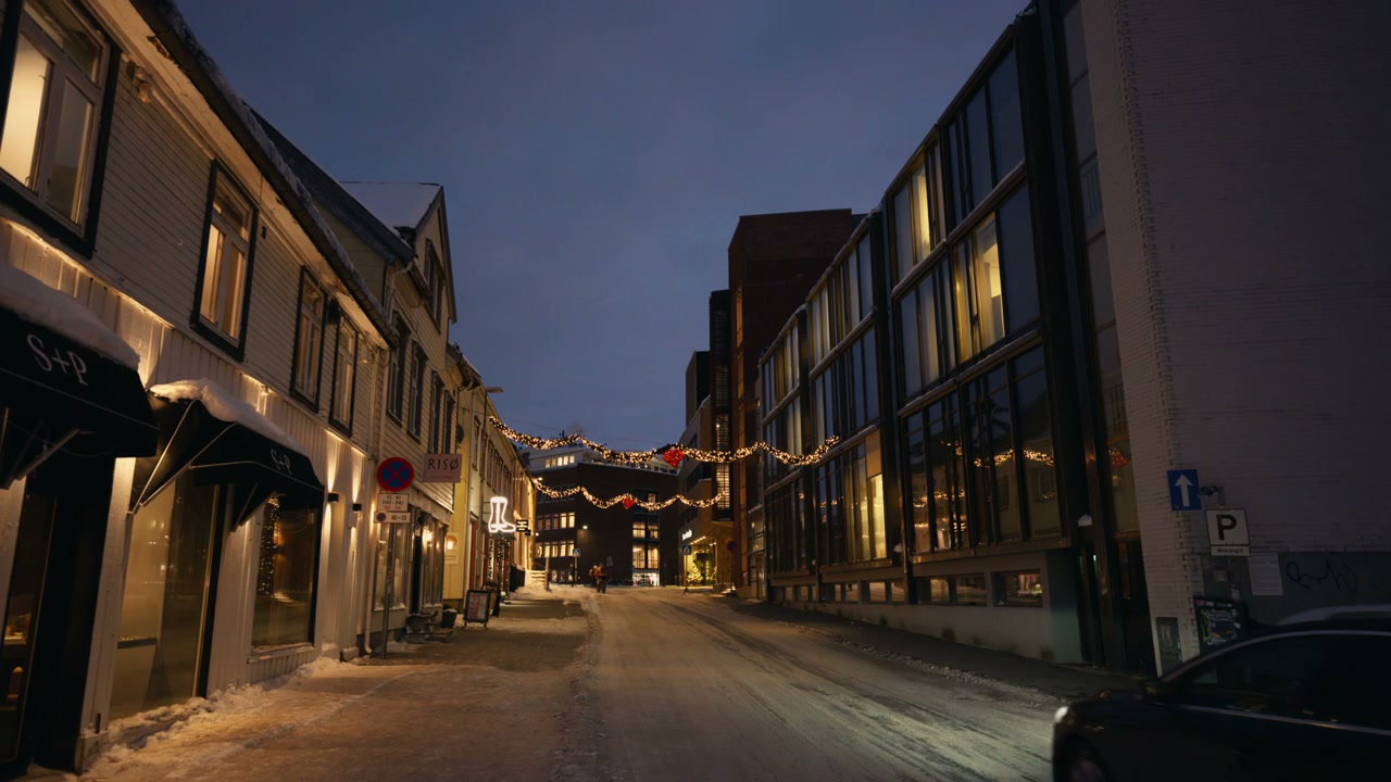 Winter Evening Street with Holiday Lights, Norway
