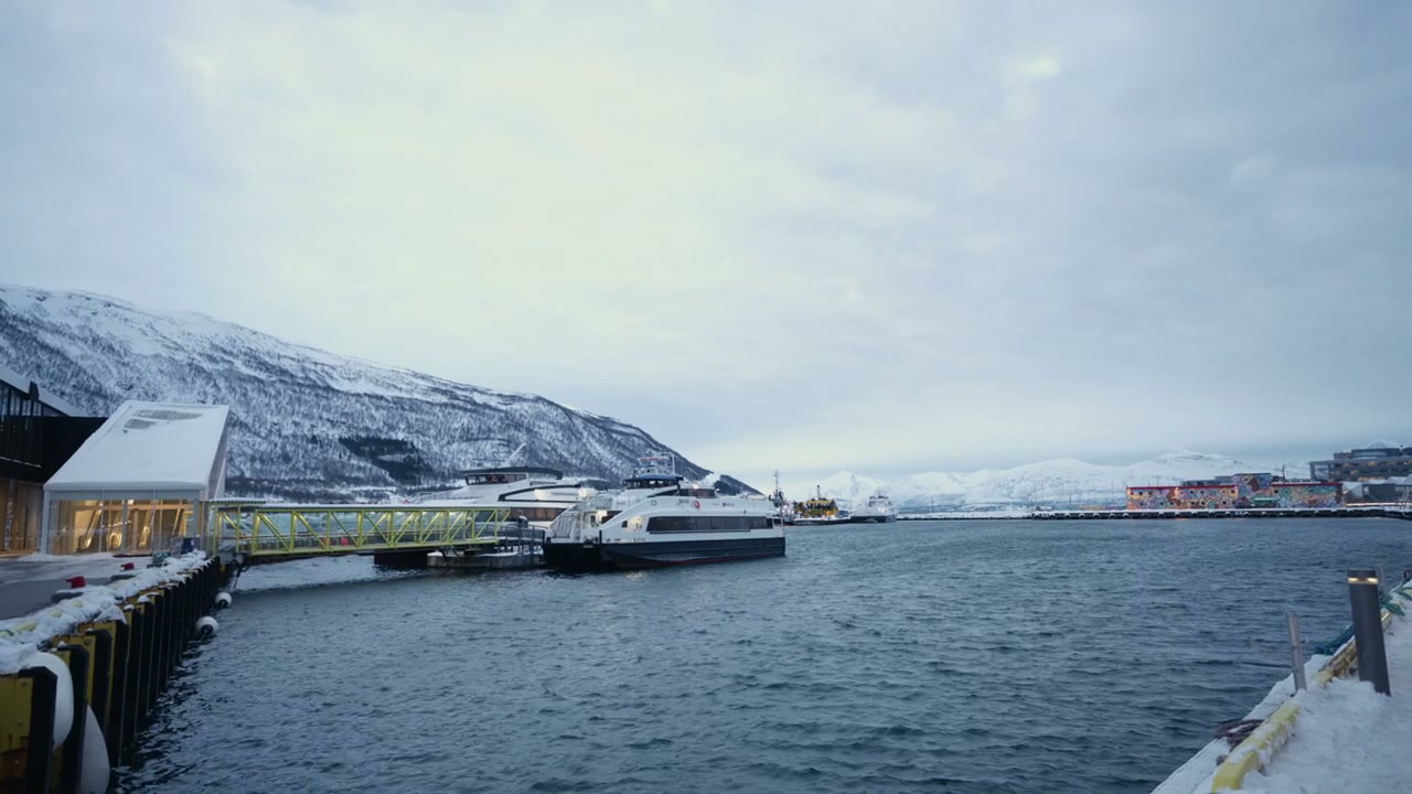 Ferry Docked in Snowy Arctic Harbor, Norway