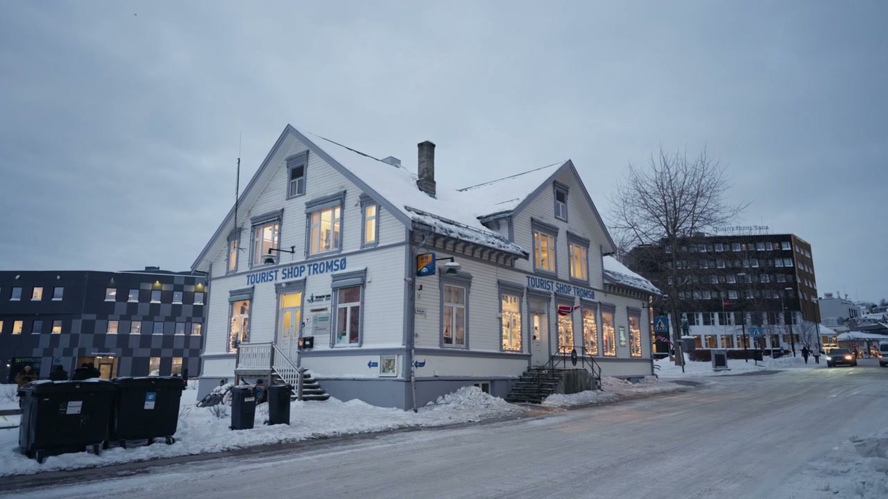 Snow-Covered Tourist Shop in Tromsø, Norway