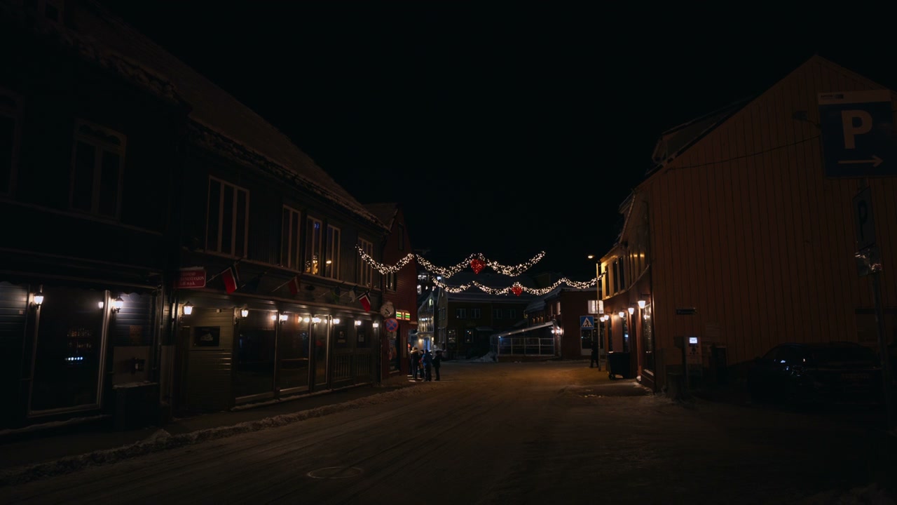 Christmas Lights in Norwegian Town at Night