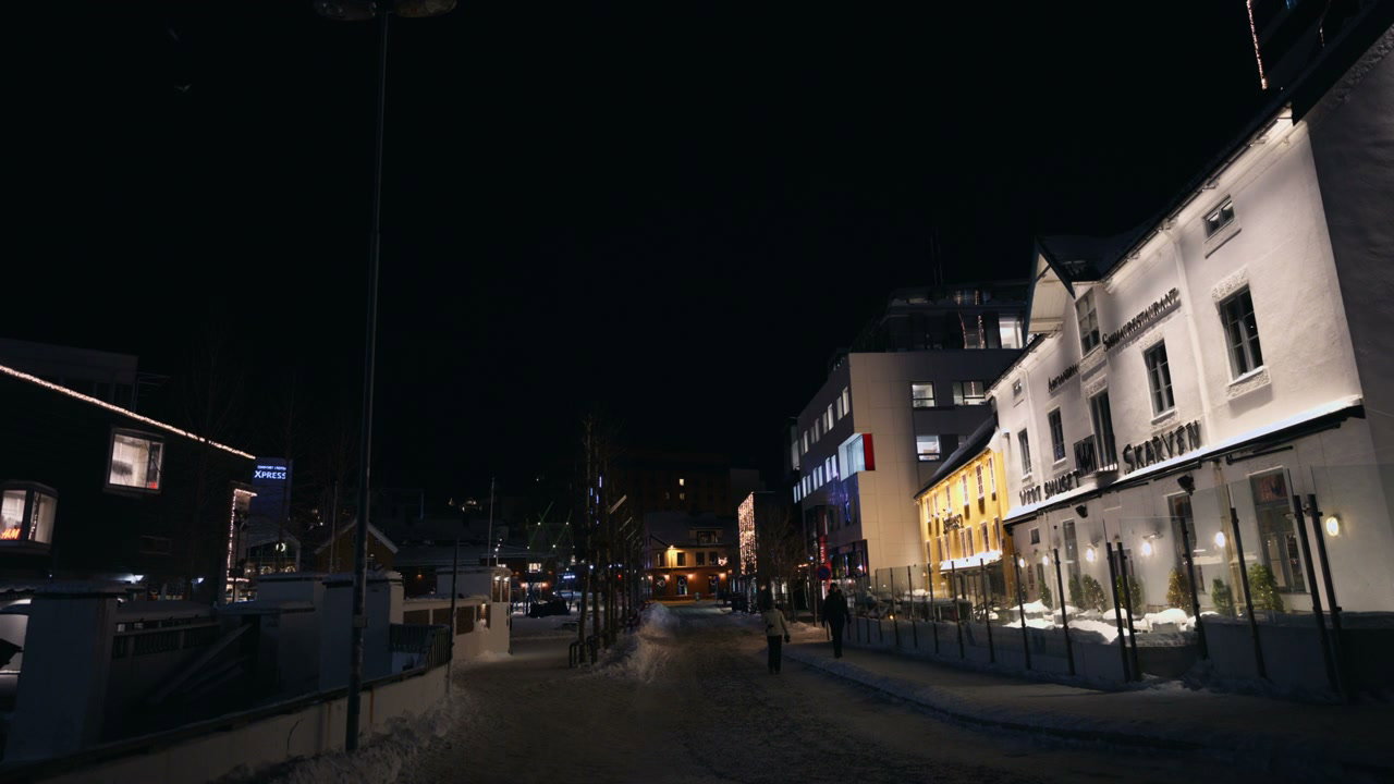 Snowy Street in Tromsø at Night