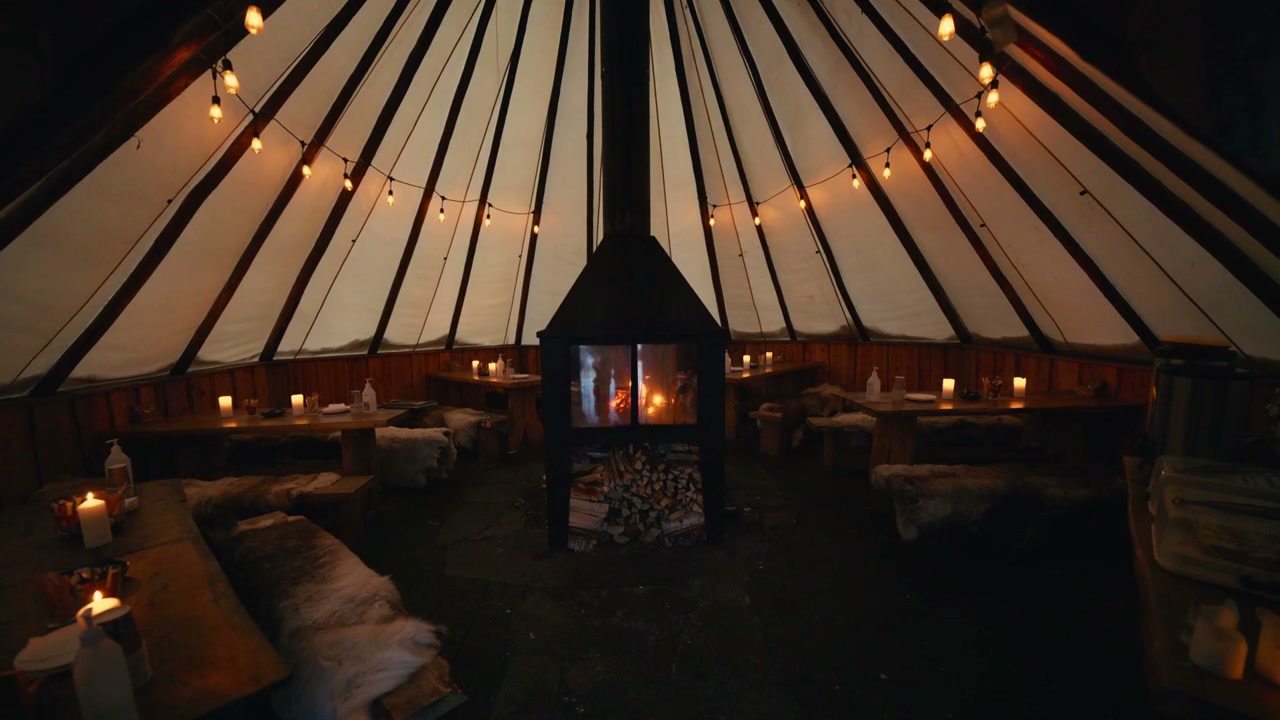 Cozy Arctic Lavvu with Warm Fireplace