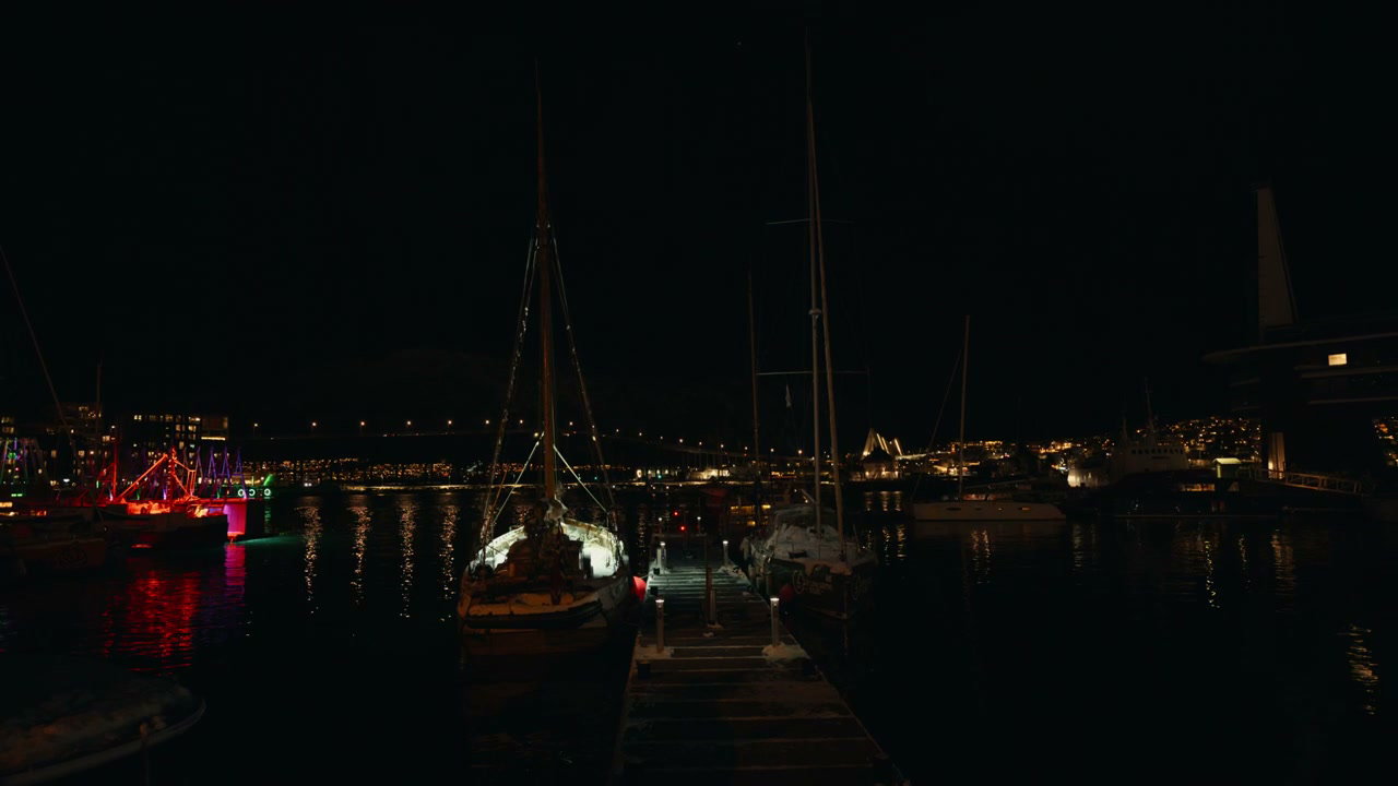 Festive Boats in Norwegian Marina at Night